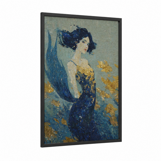 Golden Mermaid framed art print — black wood frame — blue and gold and teal palette