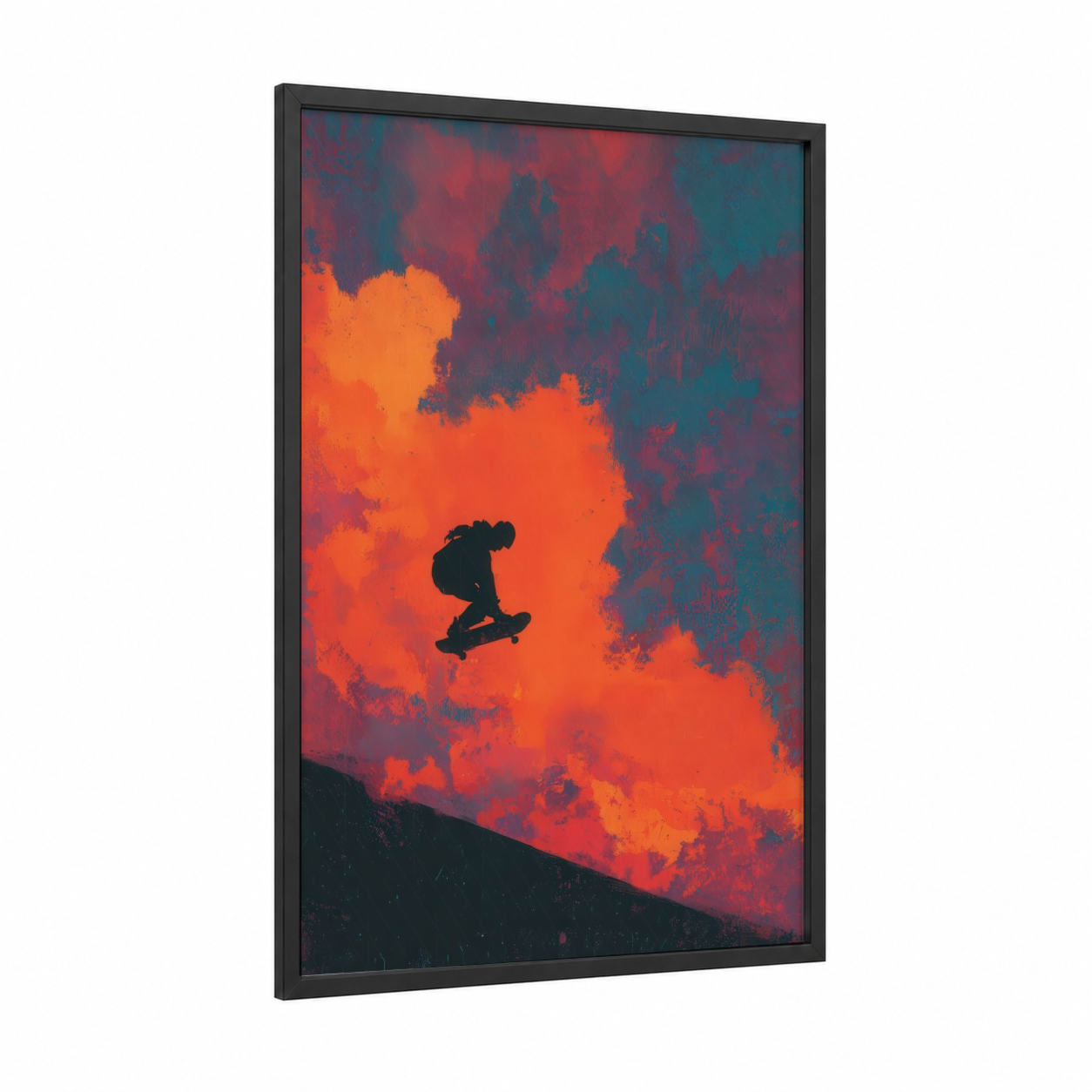 Inferno Skateboarder framed skateboarding print — black wood frame — orange and teal palette