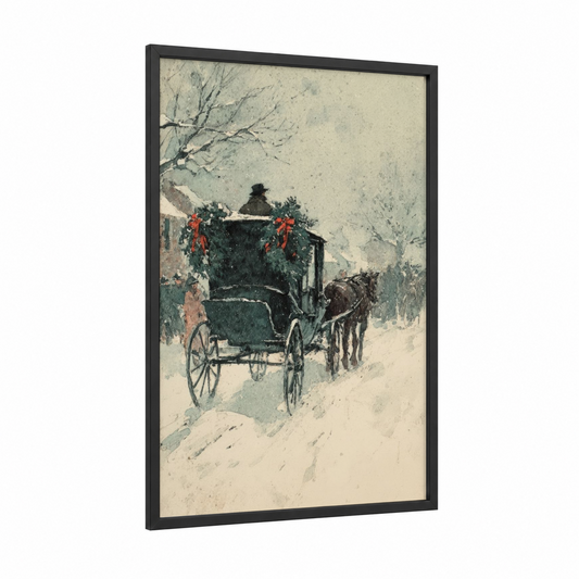 Festive Wagon Winter framed art print — black wood frame — cream and dove gray palette