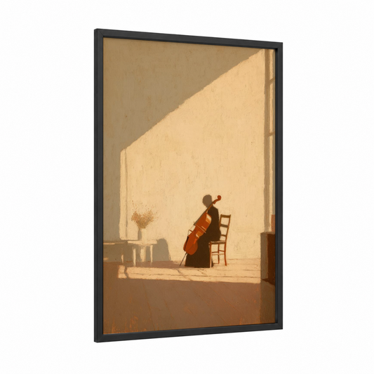 Cellist in Sunlight framed musician print — black wood frame — cream and gold palette