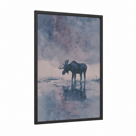 Twilight Moose framed art print — black wood frame — lavender and blue and gray palette