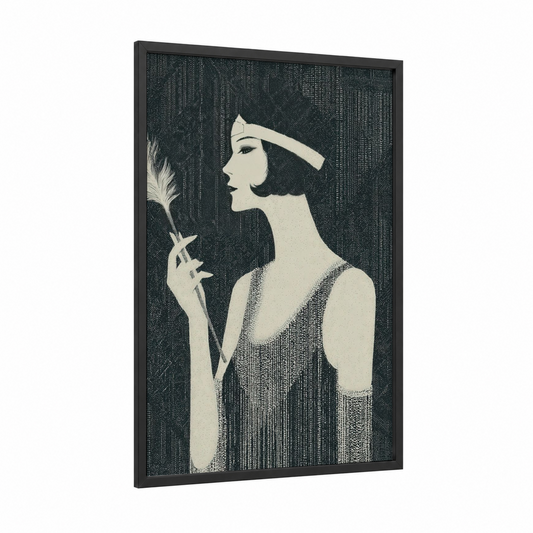 Art Deco Elegance framed vintage fashion print — black wood frame — black and white and cream palette