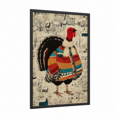 Cozy Turkey framed art print — black wood frame — red and teal palette
