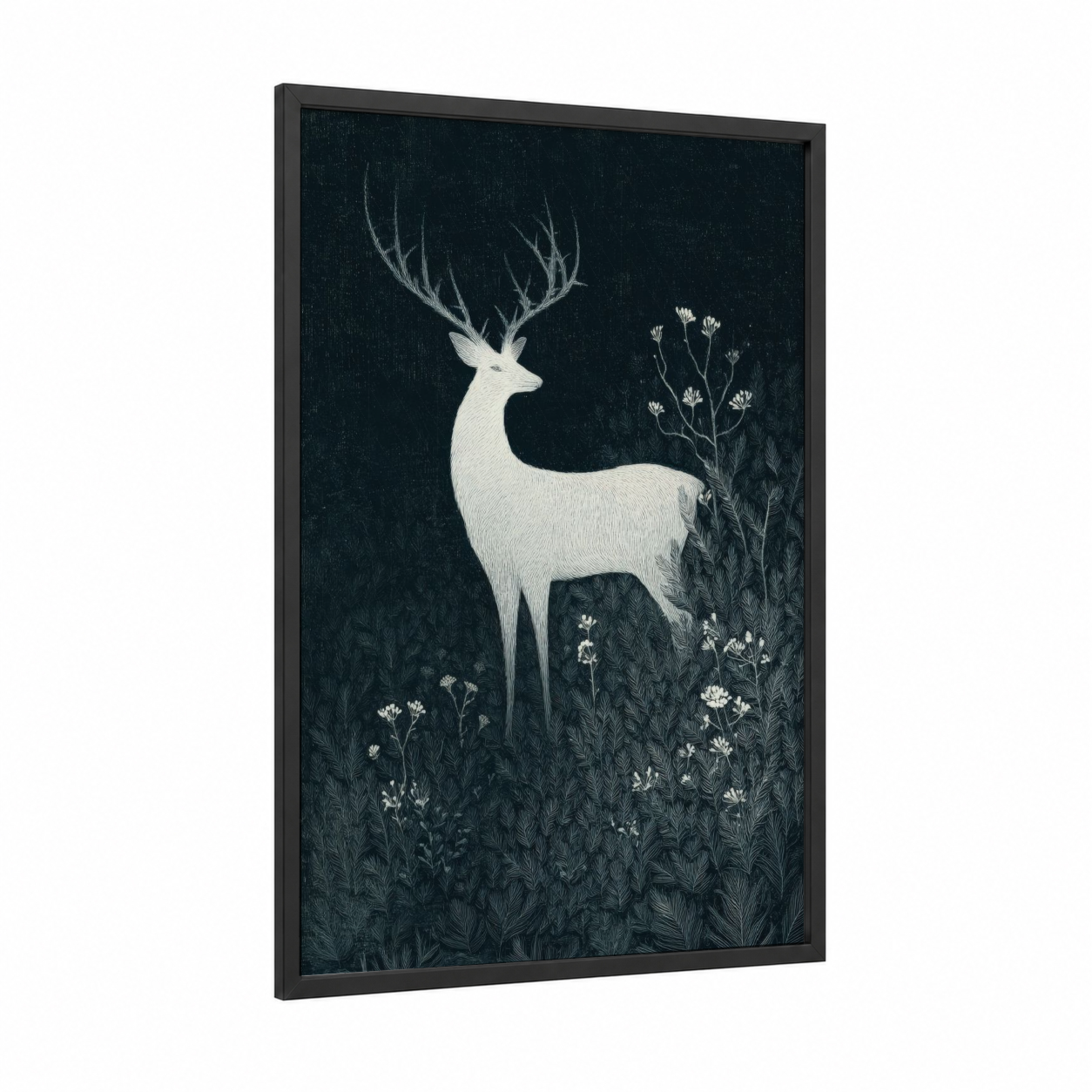 Ethereal Deer framed fairytale print — black wood frame — black and white and dove gray palette