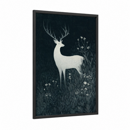 Ethereal Deer framed fairytale print — black wood frame — black and white and dove gray palette