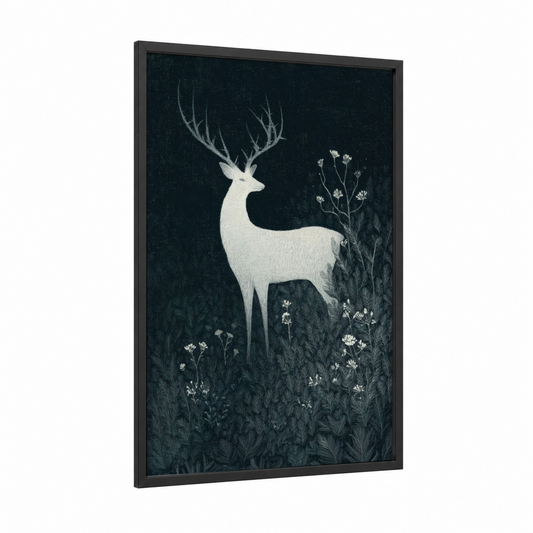 Ethereal Deer framed fairytale print — black wood frame — black and white and dove gray palette