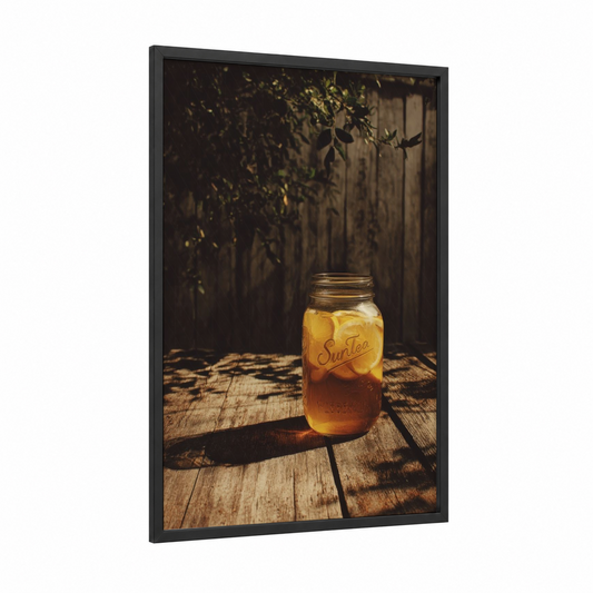 Sunlit Iced Tea framed art print — black wood frame — gold and brown palette