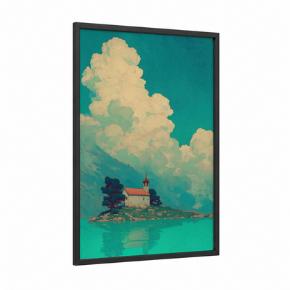 Island Chapel framed churches and chapels print — black wood frame — teal and cream palette