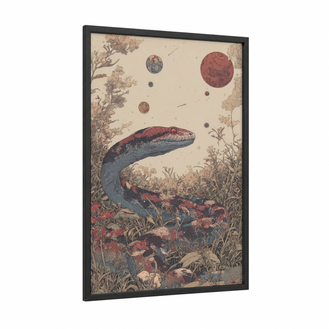 Cosmic Boa framed boa constrictor print — black wood frame — beige and maroon palette