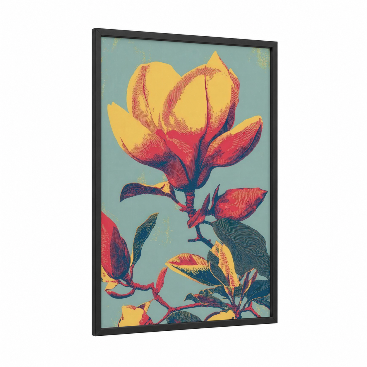 Golden Magnolia framed art print — black wood frame — yellow gold and red palette