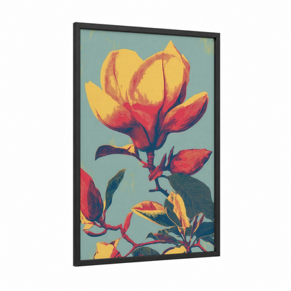 Golden Magnolia framed art print — black wood frame — yellow gold and red palette