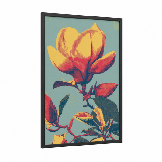 Golden Magnolia framed art print — black wood frame — yellow gold and red palette