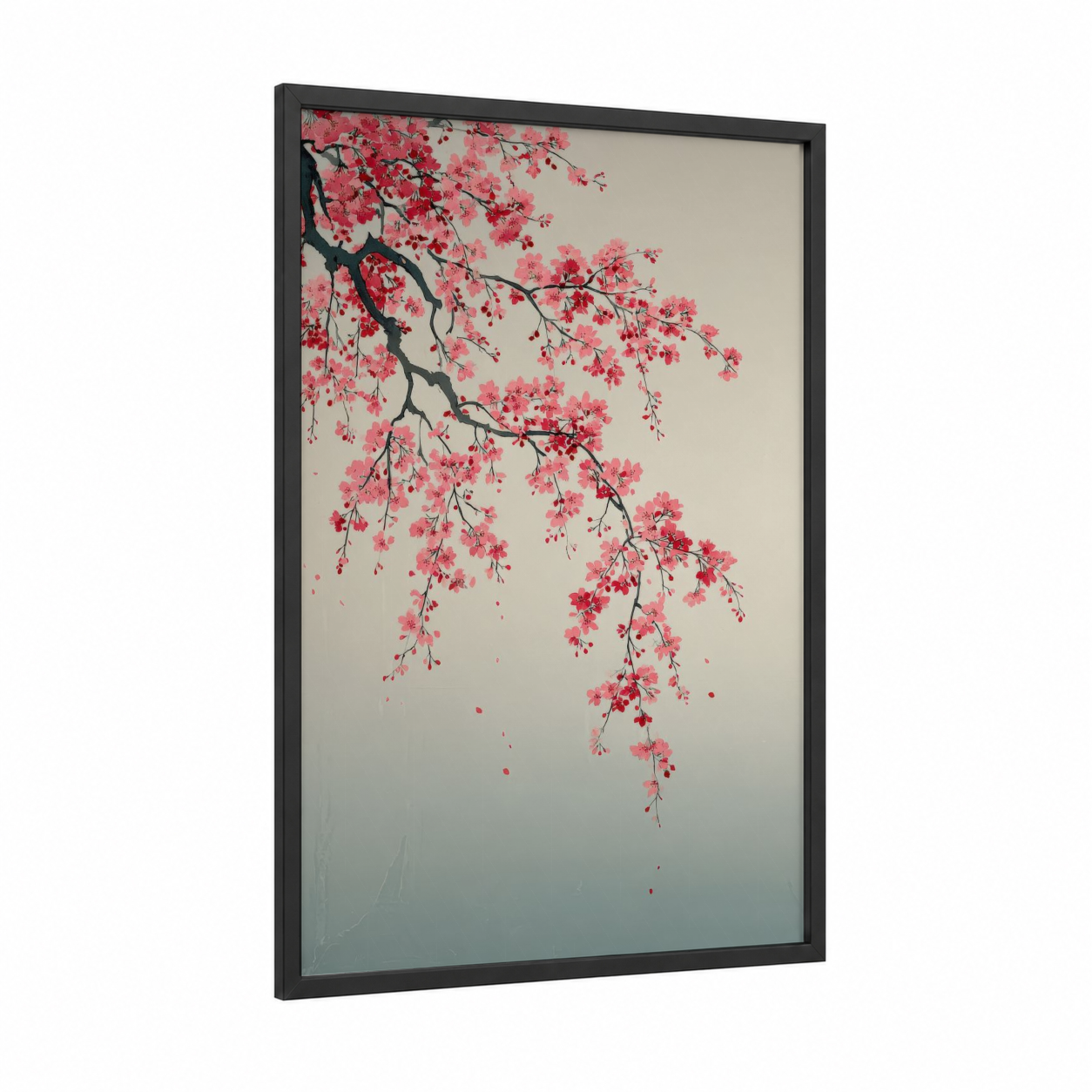 Cascading Cherry Blossoms framed art print — black wood frame — salmon pink and dove gray palette