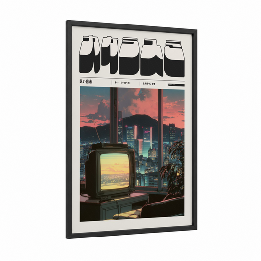Neon Cityscape Anime framed anime and manga print — black wood frame — magenta and gold palette