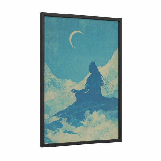 Moonlit Meditation framed hindu holidays print — black wood frame — teal and cream palette