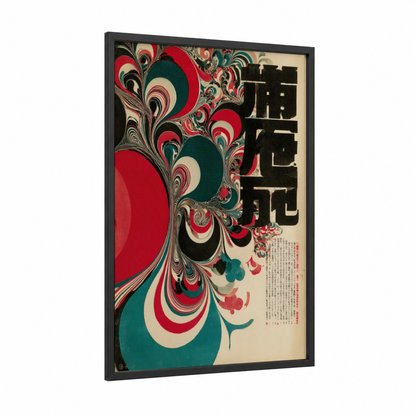 Psychedelic Bloom framed japanese psychedelic print — black wood frame — red and teal palette