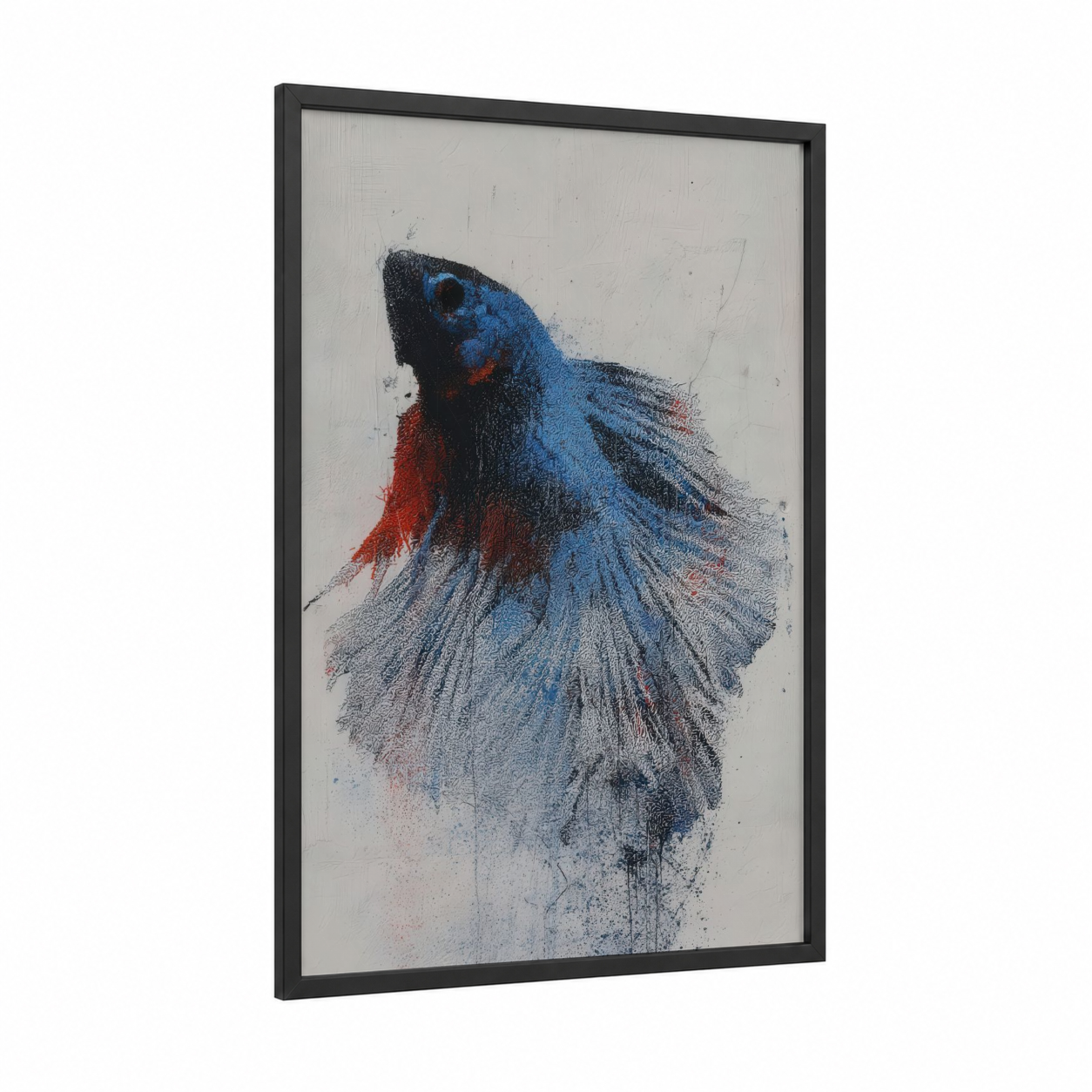 Azure Betta Fighter framed fighting fish print — black wood frame — blue and red palette