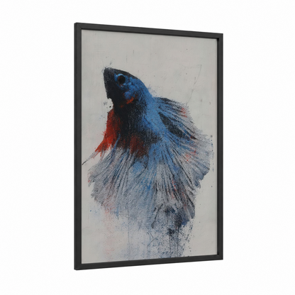 Azure Betta Fighter framed fighting fish print — black wood frame — blue and red palette