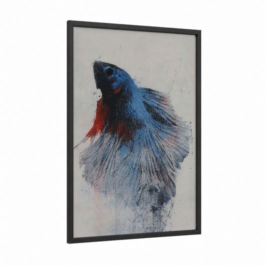 Azure Betta Fighter framed fighting fish print — black wood frame — blue and red palette