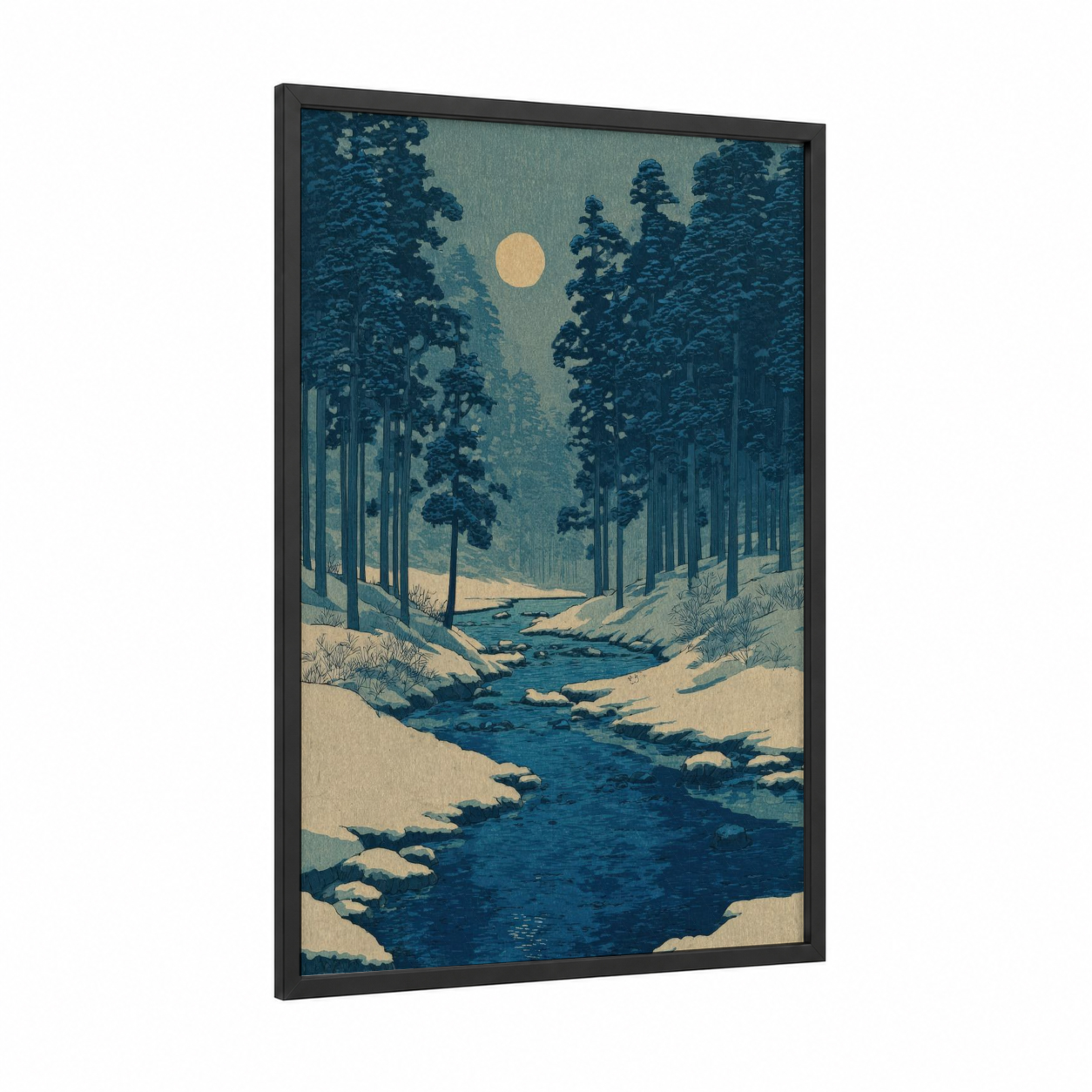 Snowy River Valley framed rivers print — black wood frame — blue and cream palette