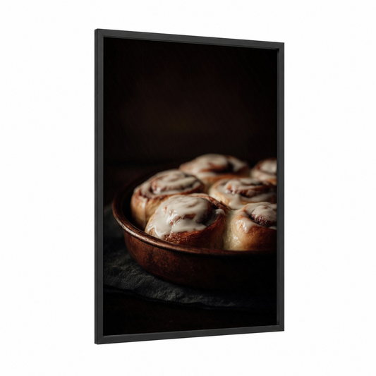 Cinnamon Rolls Glazed framed baking print — black wood frame — brown and cream palette