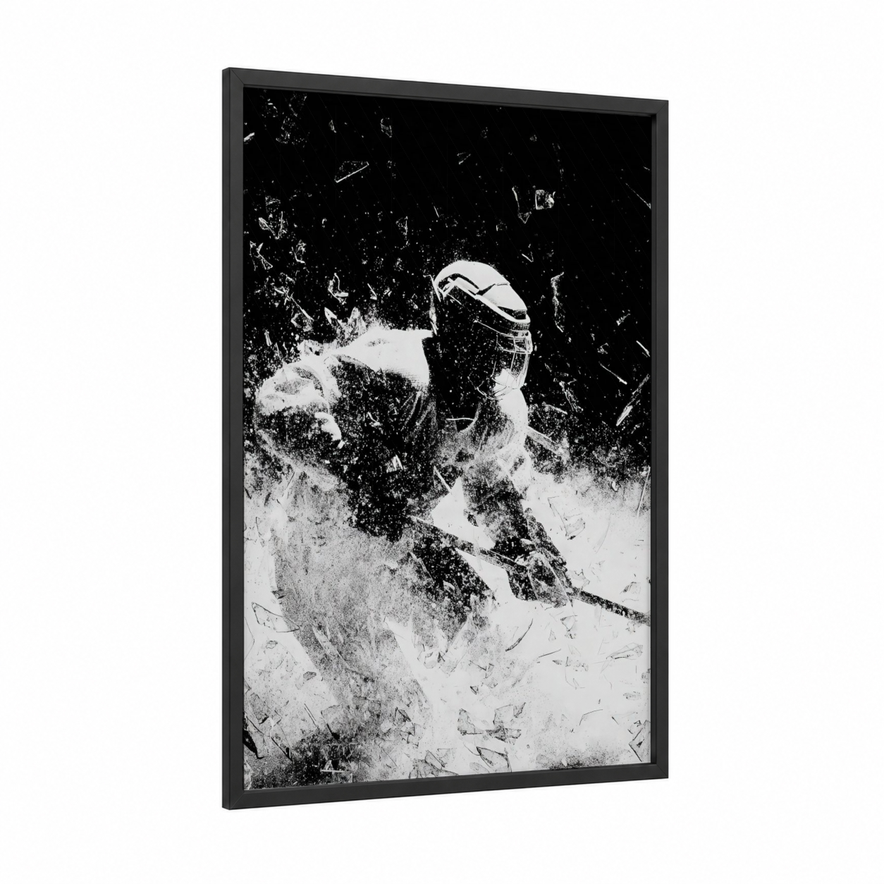 Dynamic Ice Hockey framed art print — black wood frame — black and white palette