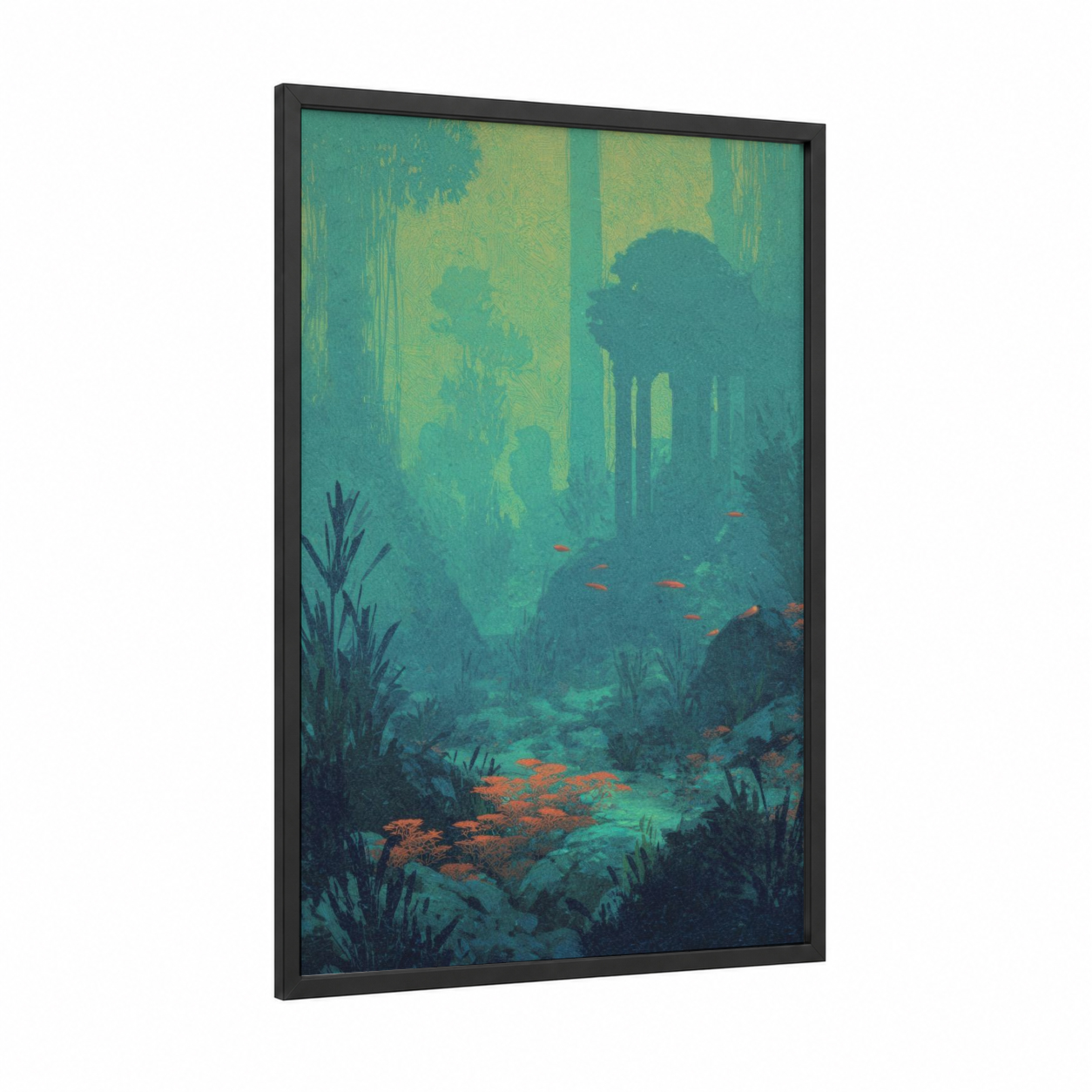 Submerged Dreamscape framed art print — black wood frame — teal and gold palette