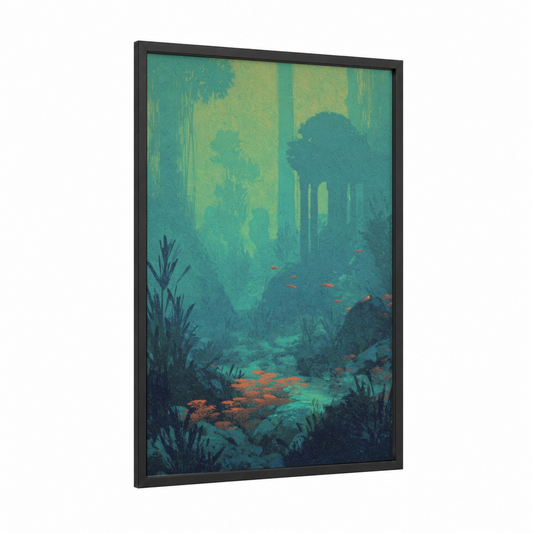 Submerged Dreamscape framed art print — black wood frame — teal and gold palette