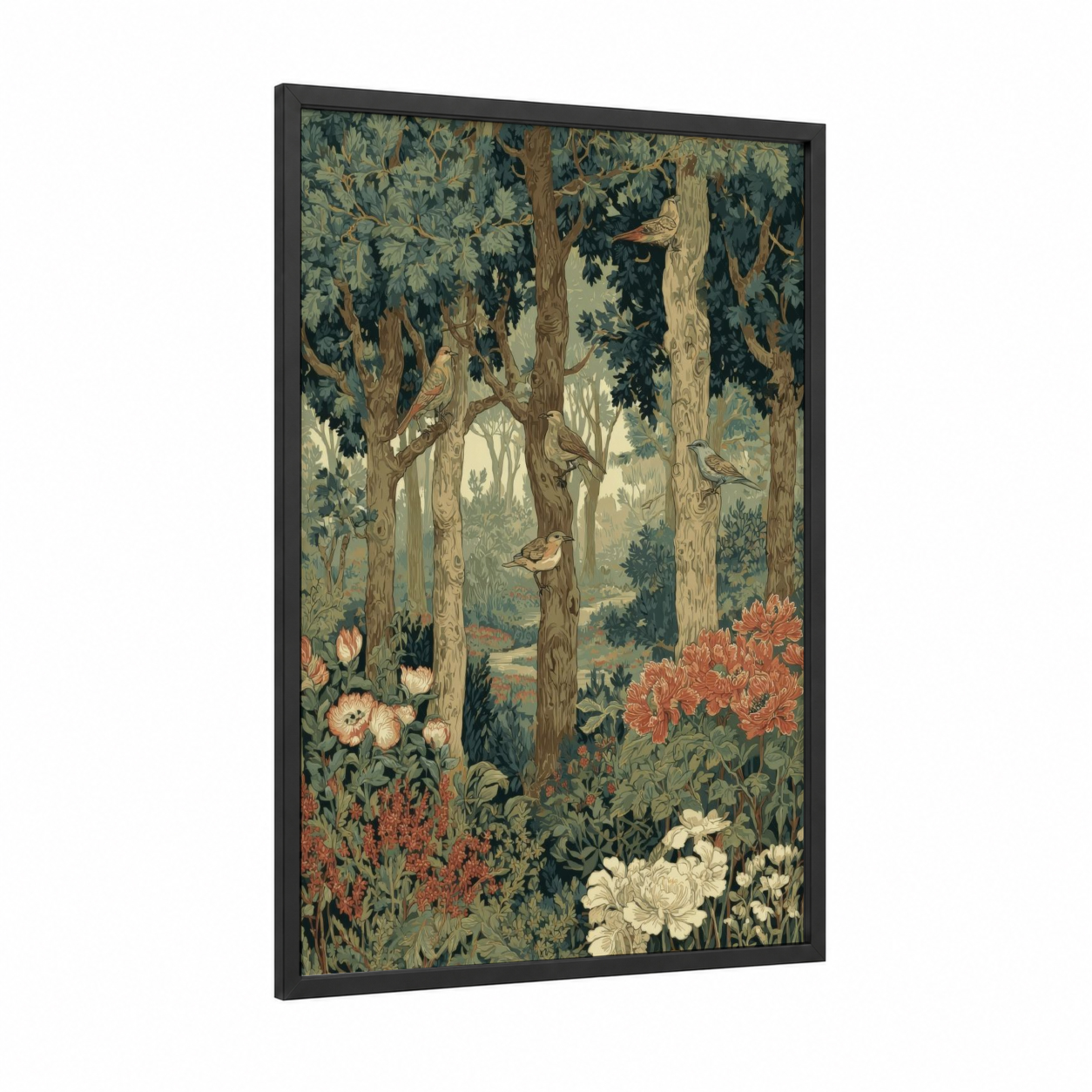 Enchanted Forest Garden framed forest trees print — black wood frame — green and cream palette