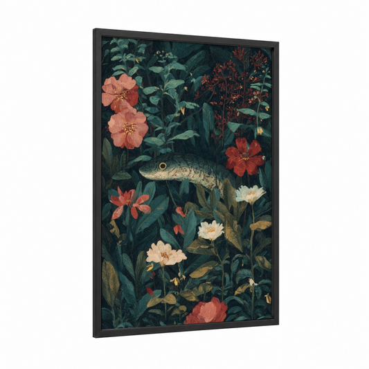 Garden Eel framed eels print — black wood frame — teal and salmon pink palette