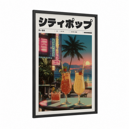 Neon Sunset Drinks framed anime and manga print — black wood frame — gold and teal palette