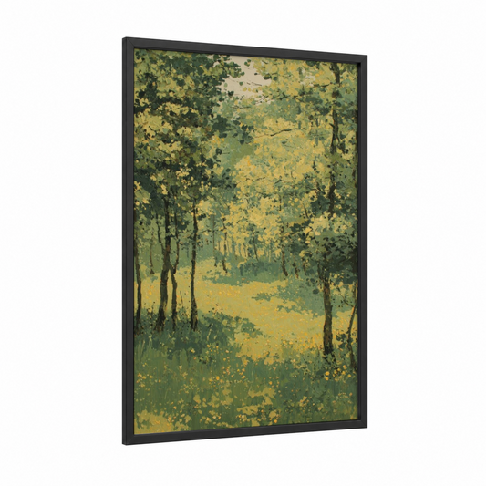 Golden Maple Forest framed art print — black wood frame — yellow gold and green palette