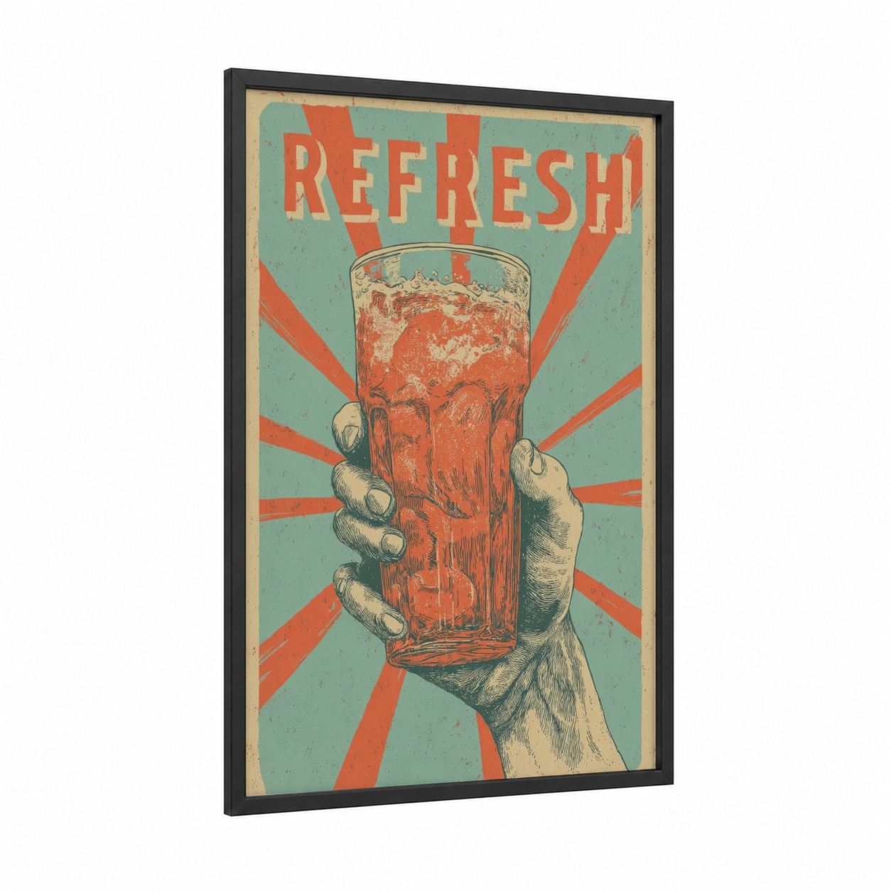 Vintage Refresh framed iced tea print — black wood frame — teal and orange palette
