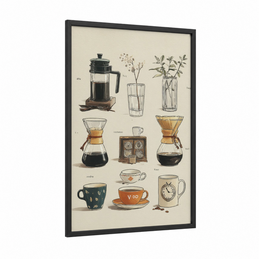 Coffee Brewing Guide framed art print — black wood frame — cream and brown palette
