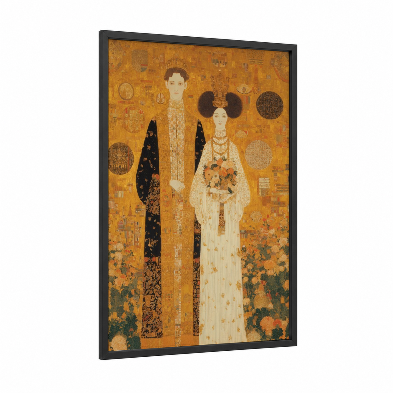 Golden Wedding Couple framed groom and bride print — black wood frame — gold and black palette