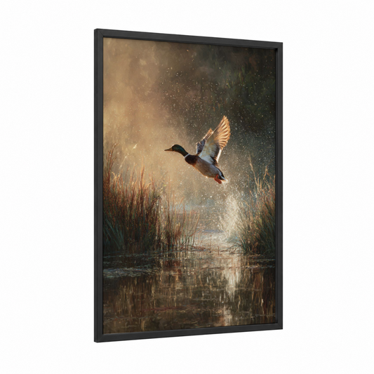 Marsh Duck Rising framed ducks print — black wood frame — gold and brown palette