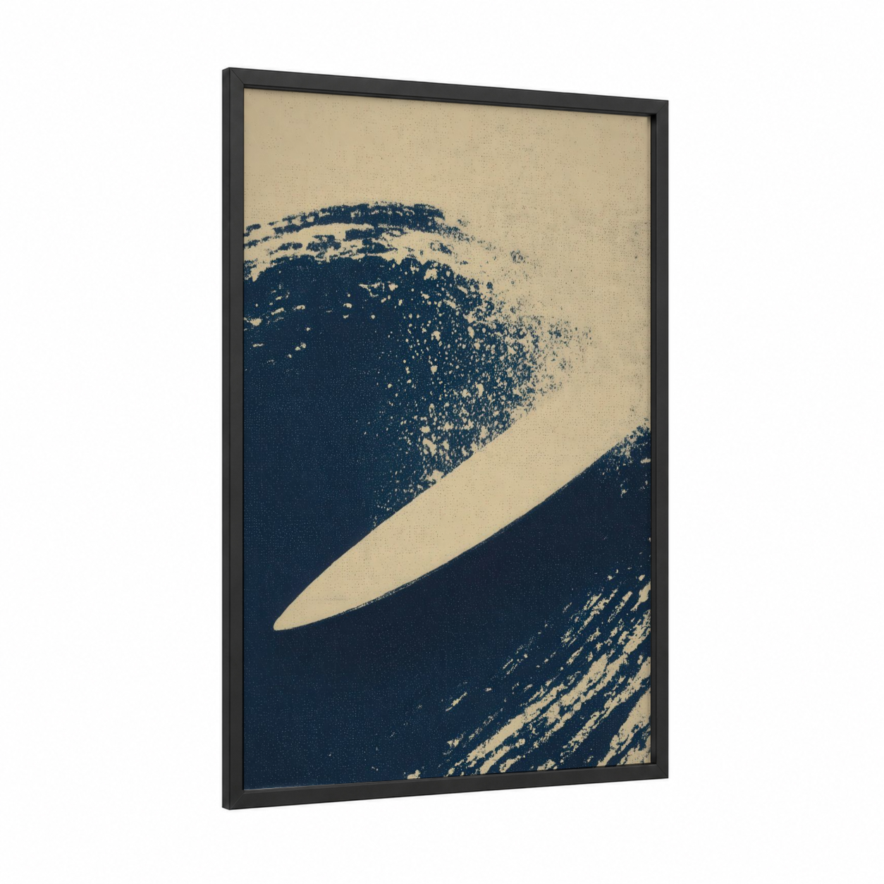 Ocean Wave Abstract framed water surfing print — black wood frame — blue and white and cream palette