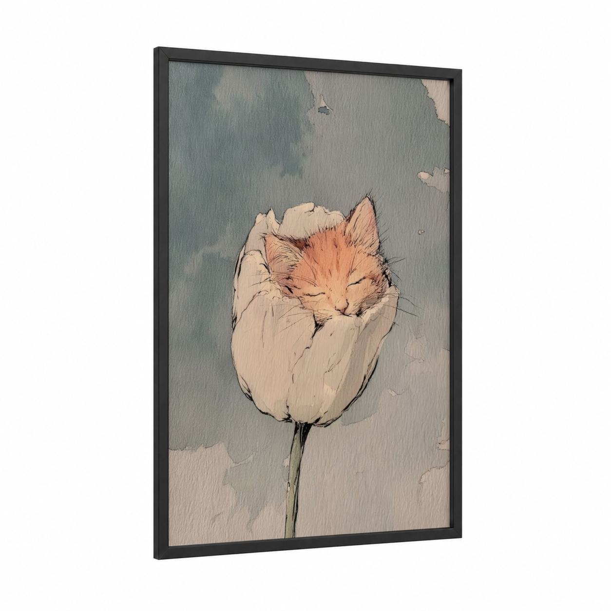 Sleeping Flower Cat framed art print — black wood frame — dove gray and peach palette