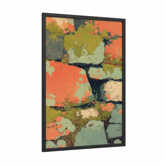 Weathered Stone Mosaic framed masonry print — black wood frame — orange and olive palette