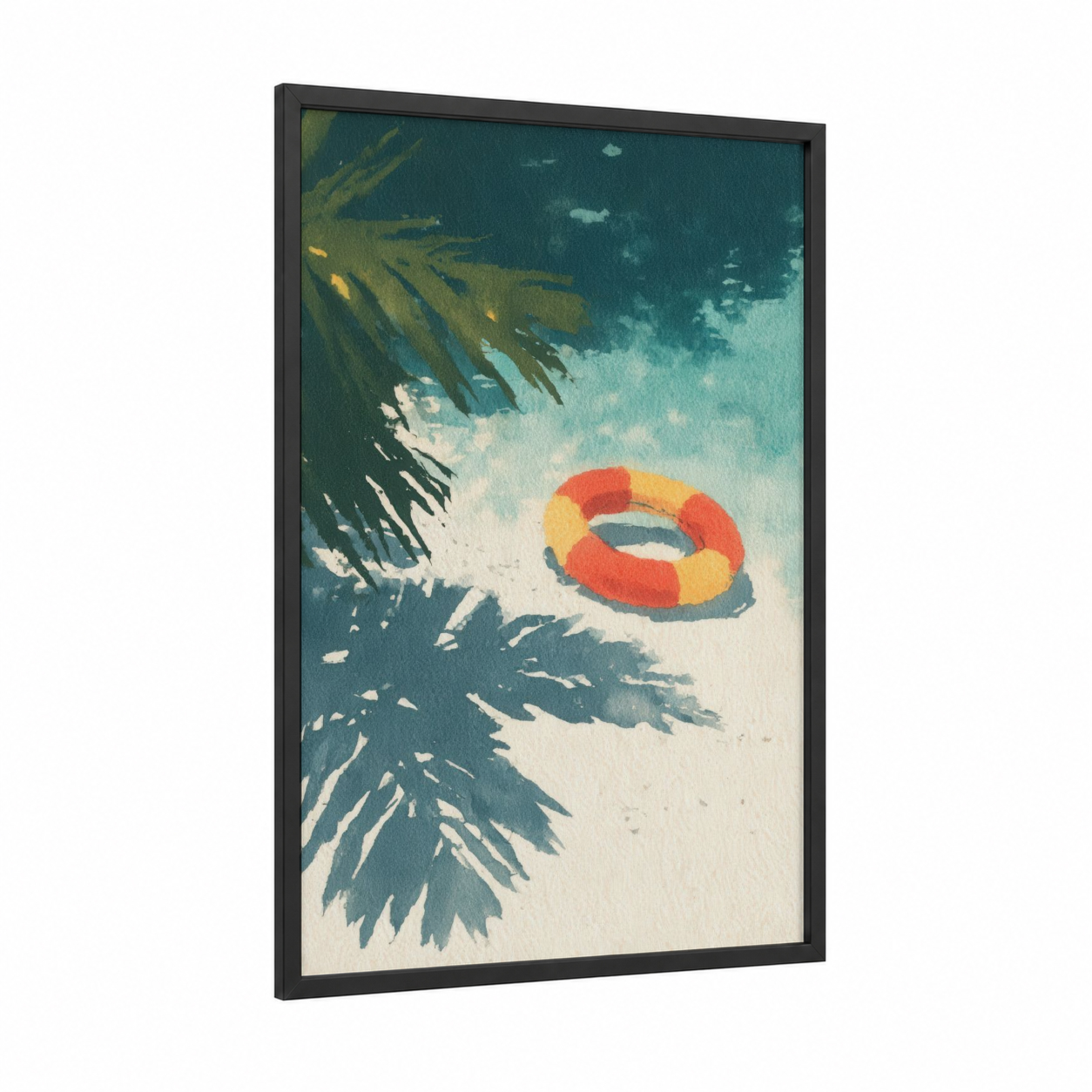 Tropical Life Ring framed art print — black wood frame — teal and cream palette