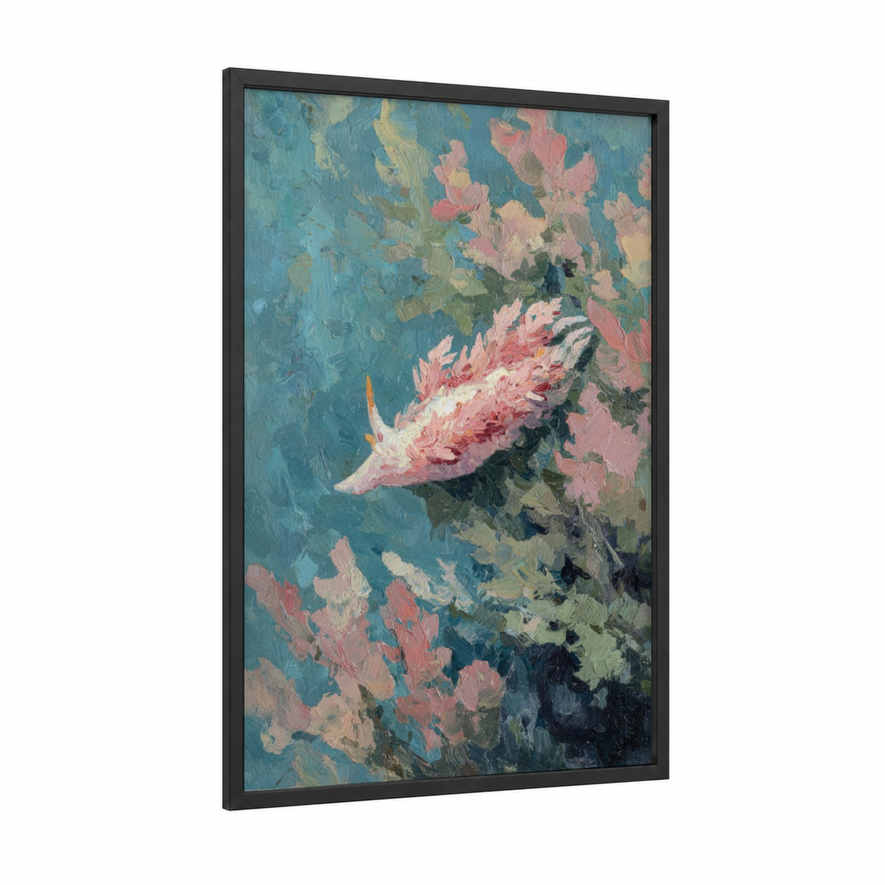 Pink Nudibranch framed art print — black wood frame — teal and salmon pink palette