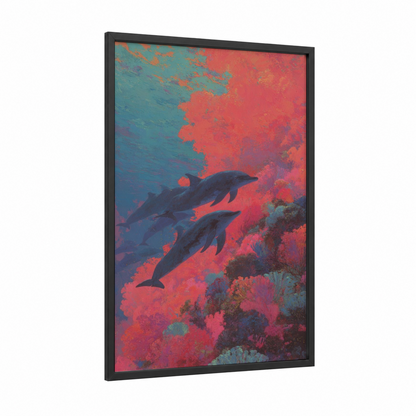 Coral Dolphins framed art print — black wood frame — blue and red palette