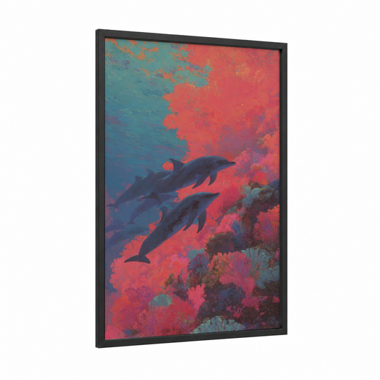 Coral Dolphins framed art print — black wood frame — blue and red palette