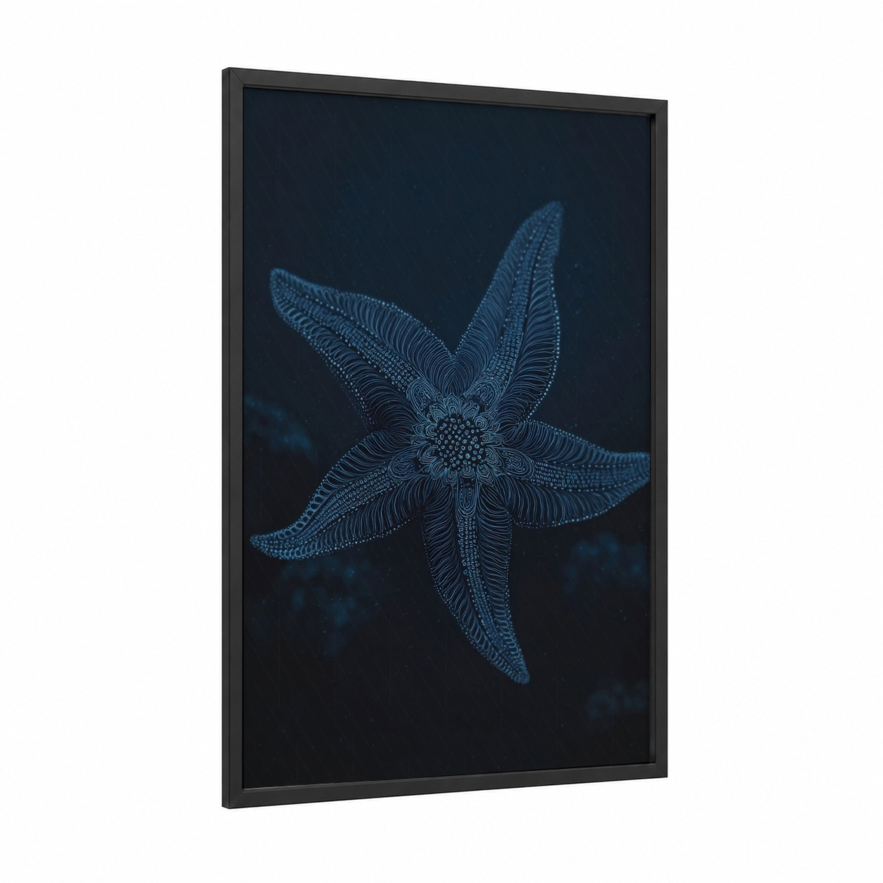 Deep Blue Starfish framed art print — black wood frame — dark blue and blue and white palette