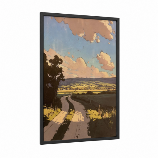 Golden Valley Road framed various landscapes print — black wood frame — gold and blue palette