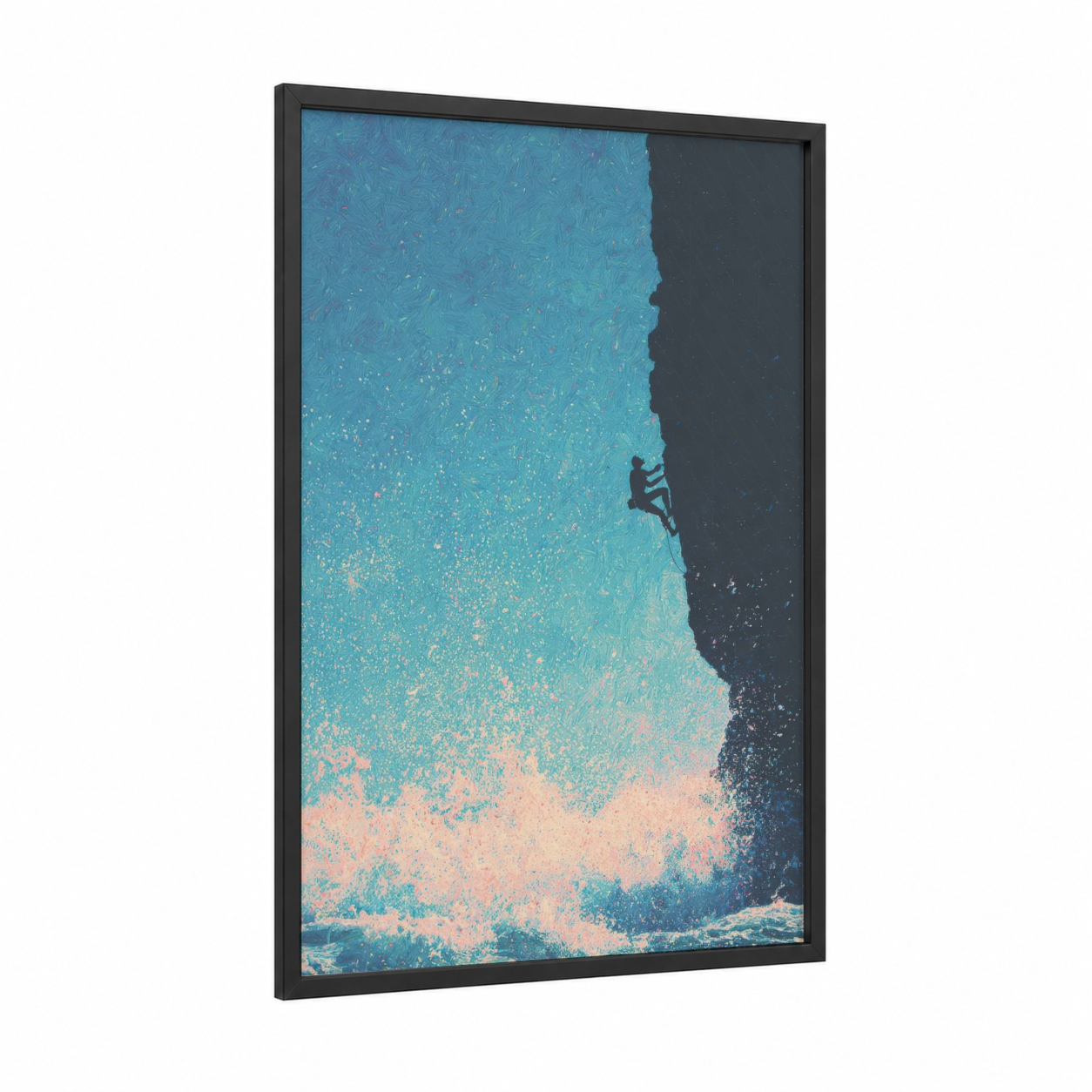 Cliff Edge Challenge framed rock climbing print — black wood frame — turquoise and blue palette