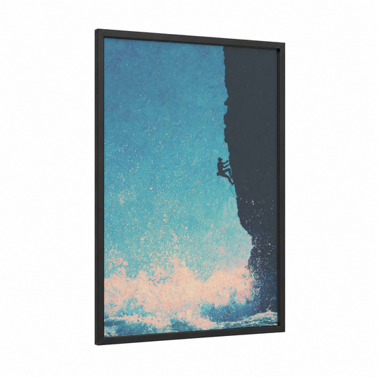 Cliff Edge Challenge framed rock climbing print — black wood frame — turquoise and blue palette