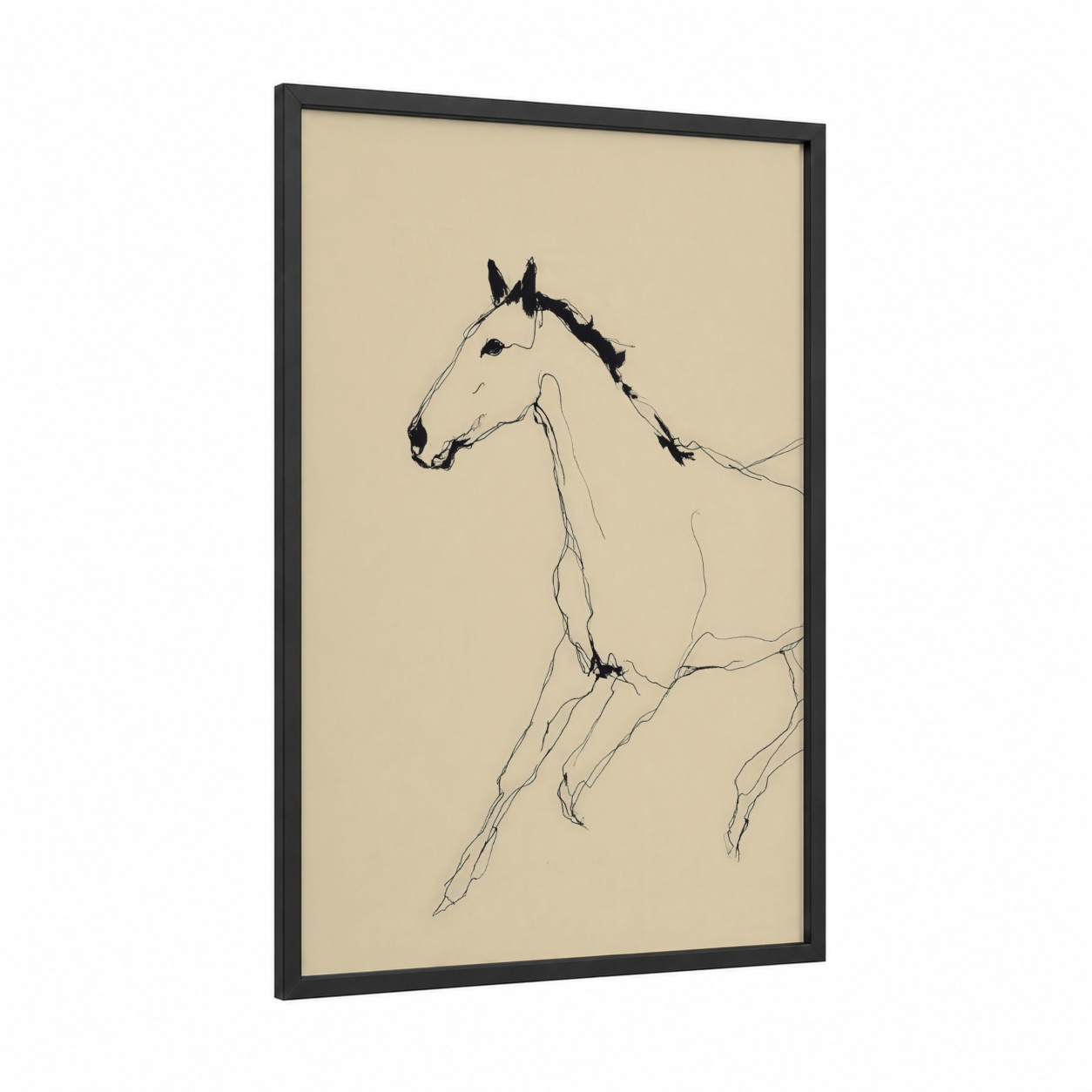 Elegant Racehorse framed horse racing print — black wood frame — black and white and beige palette
