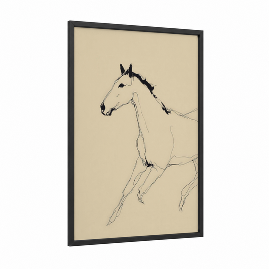 Elegant Racehorse framed horse racing print — black wood frame — black and white and beige palette