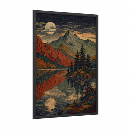 Mountain Lake Sunset Wall Art framed art print — black wood frame — orange and blue palette